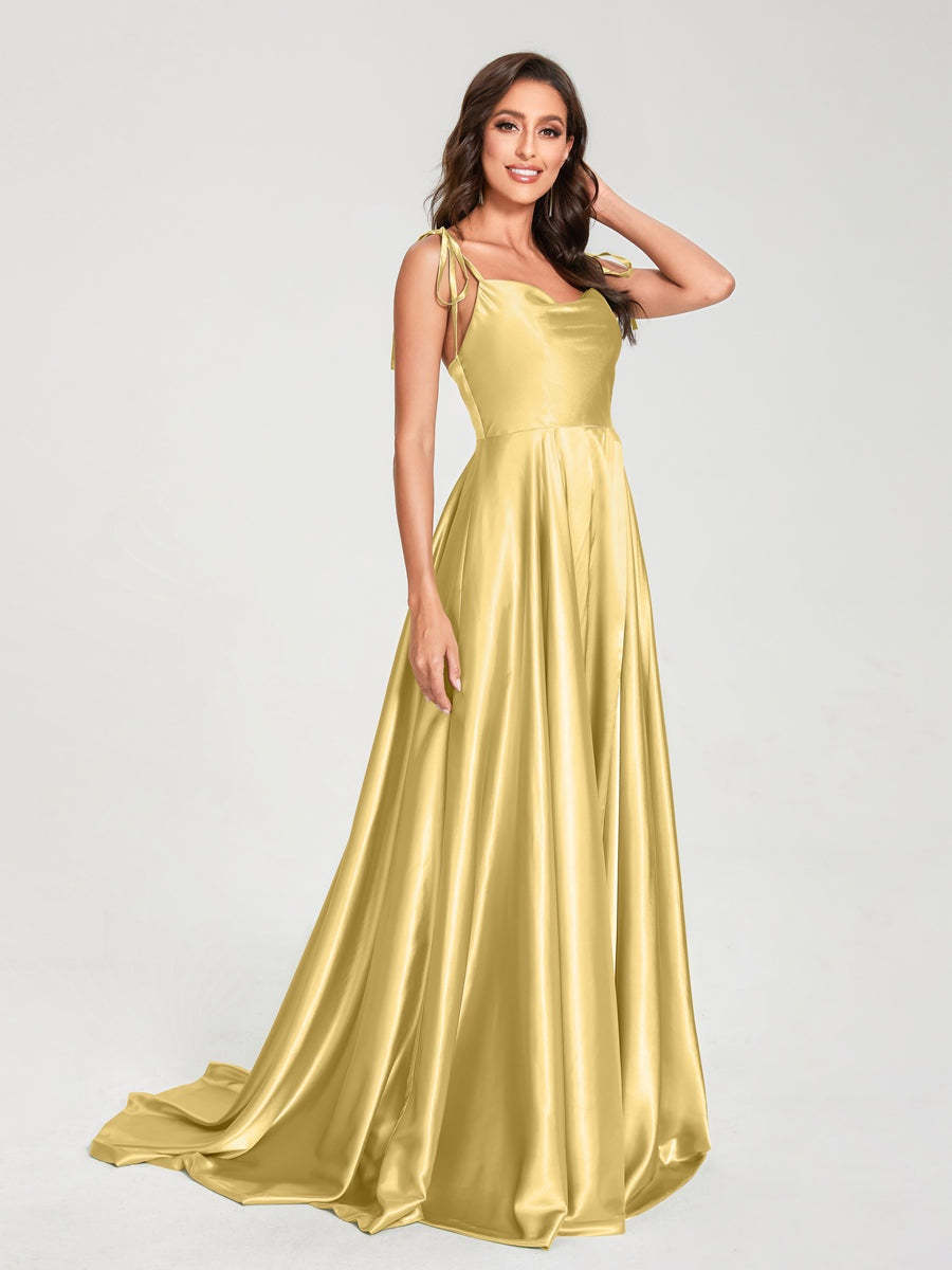 Spaghetti Strap Sleeveless A-Line Princess Floor-Length Bridesmaid Dress with Side Split