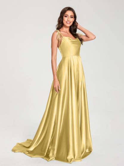 Spaghetti Strap Sleeveless A-Line Princess Floor-Length Bridesmaid Dress with Side Split