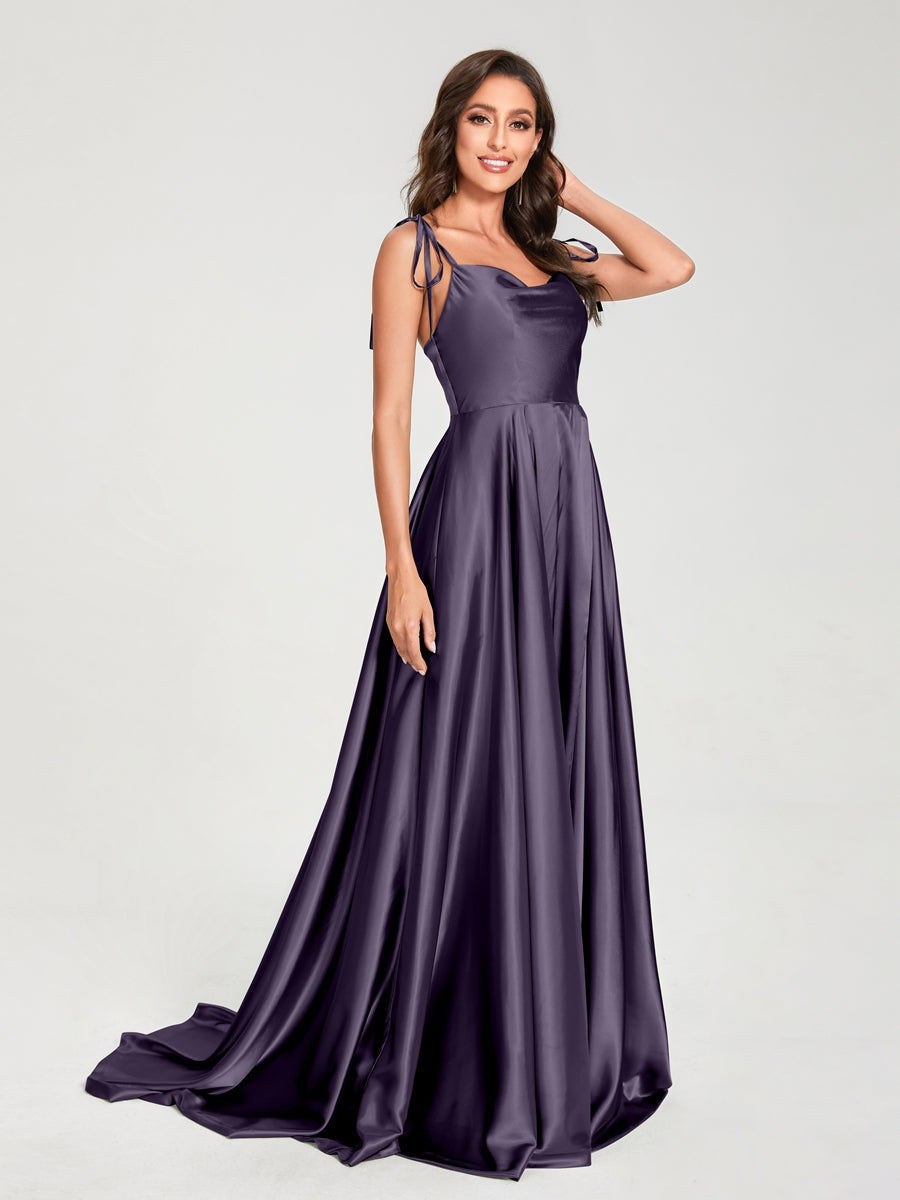 Spaghetti Strap Sleeveless A-Line Princess Floor-Length Bridesmaid Dress with Side Split