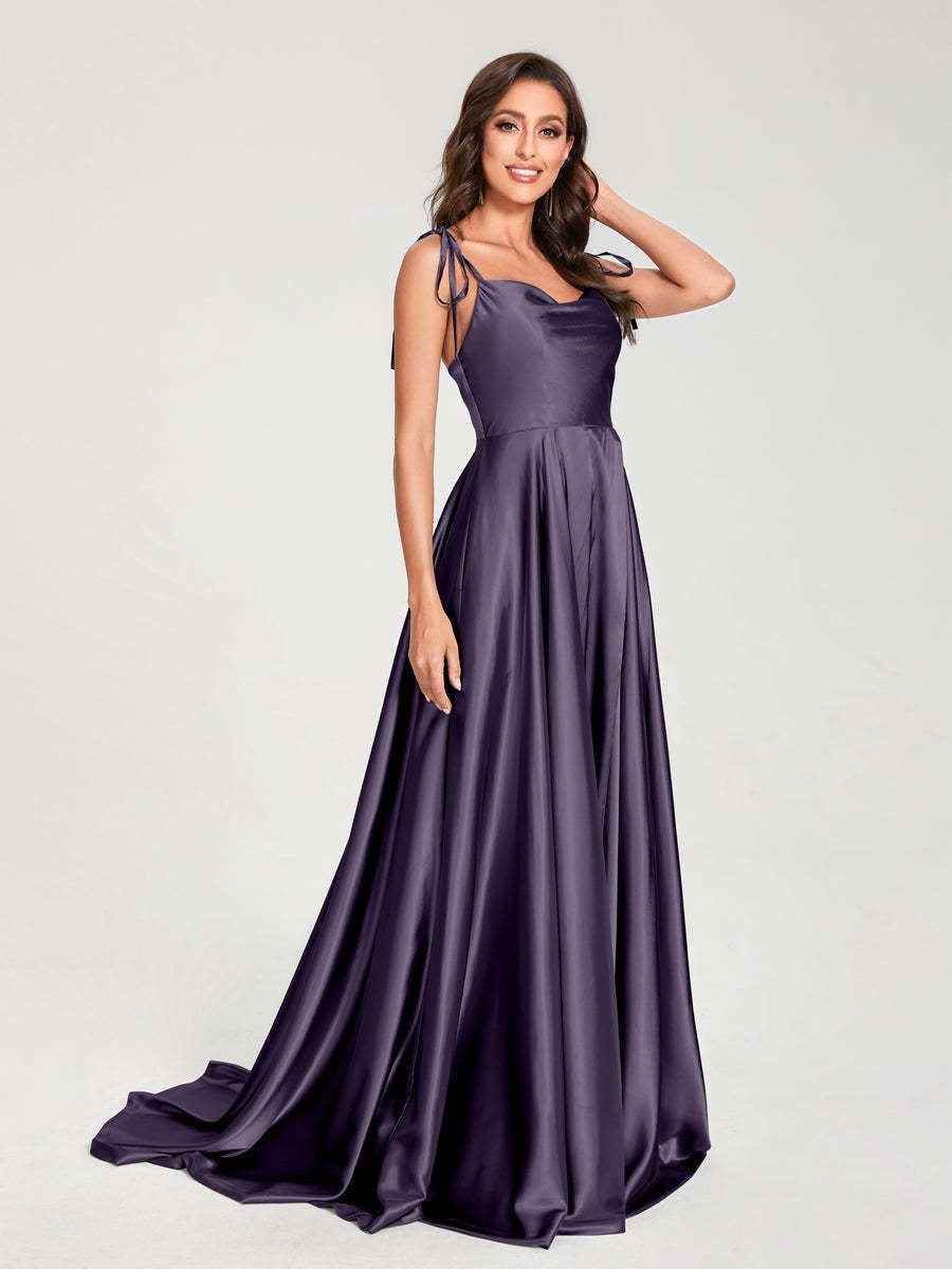 Spaghetti Strap Sleeveless A-Line Princess Floor-Length Bridesmaid Dress with Side Split