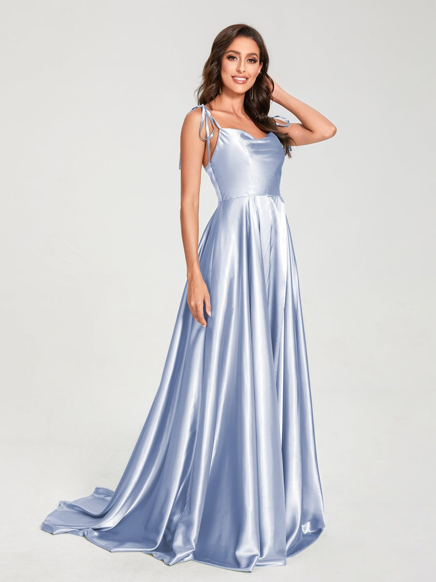 Spaghetti Strap Sleeveless A-Line Princess Floor-Length Bridesmaid Dress with Side Split