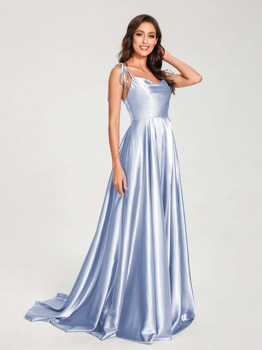 Spaghetti Strap Sleeveless A-Line Princess Floor-Length Bridesmaid Dress with Side Split