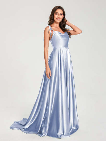 Spaghetti Strap Sleeveless A-Line Princess Floor-Length Bridesmaid Dress with Side Split