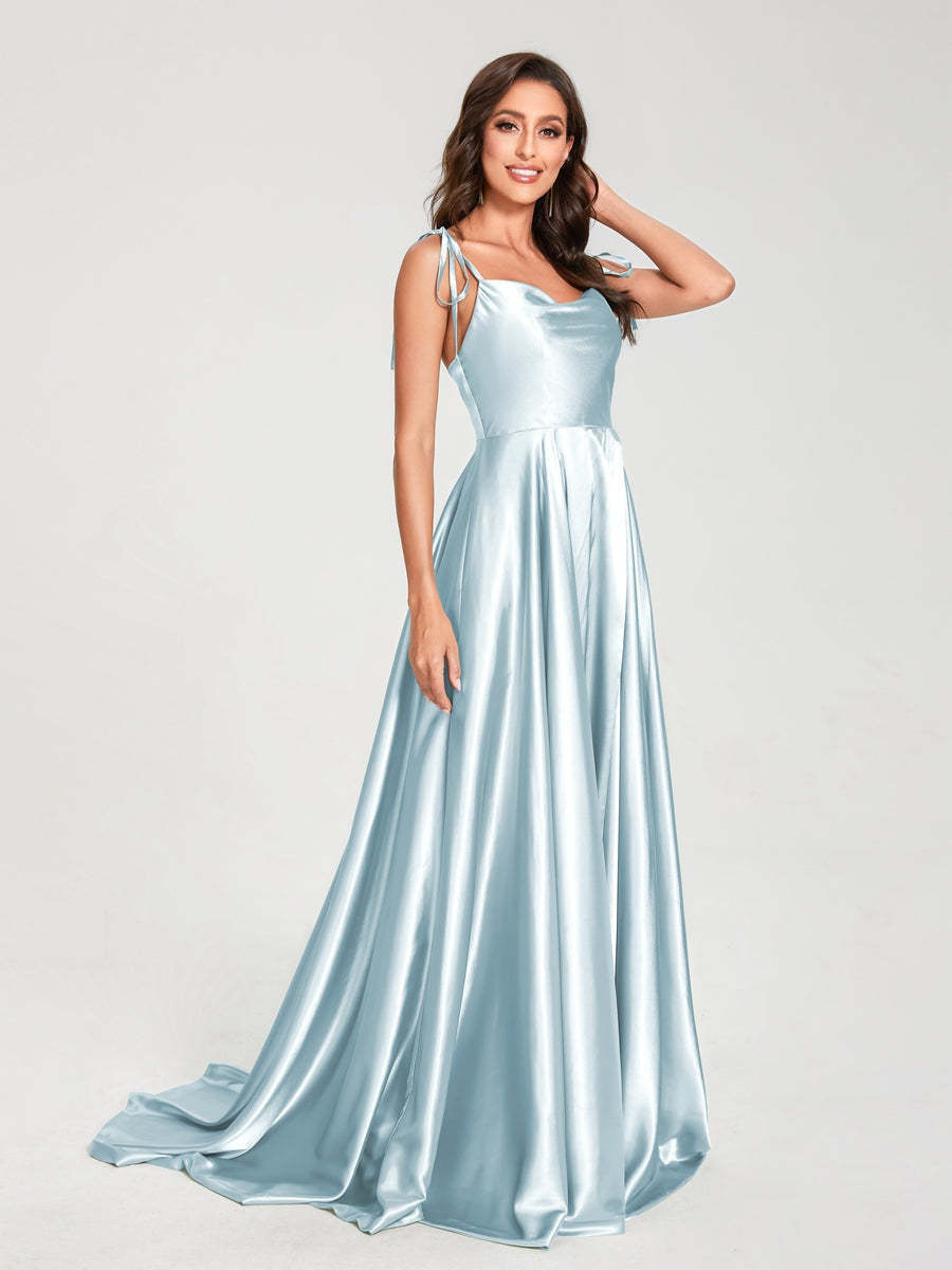 Spaghetti Strap Sleeveless A-Line Princess Floor-Length Bridesmaid Dress with Side Split
