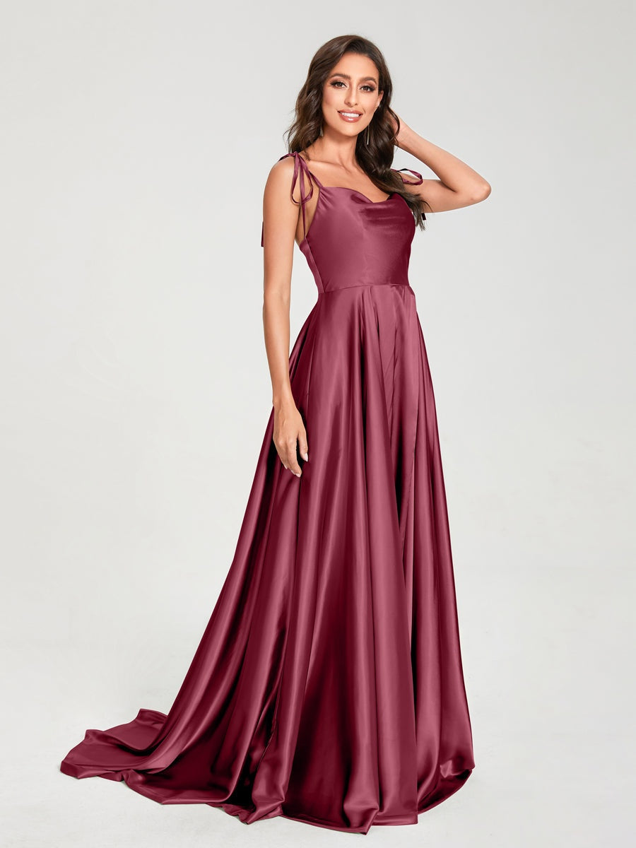Spaghetti Strap Sleeveless A-Line Princess Floor-Length Bridesmaid Dress with Side Split