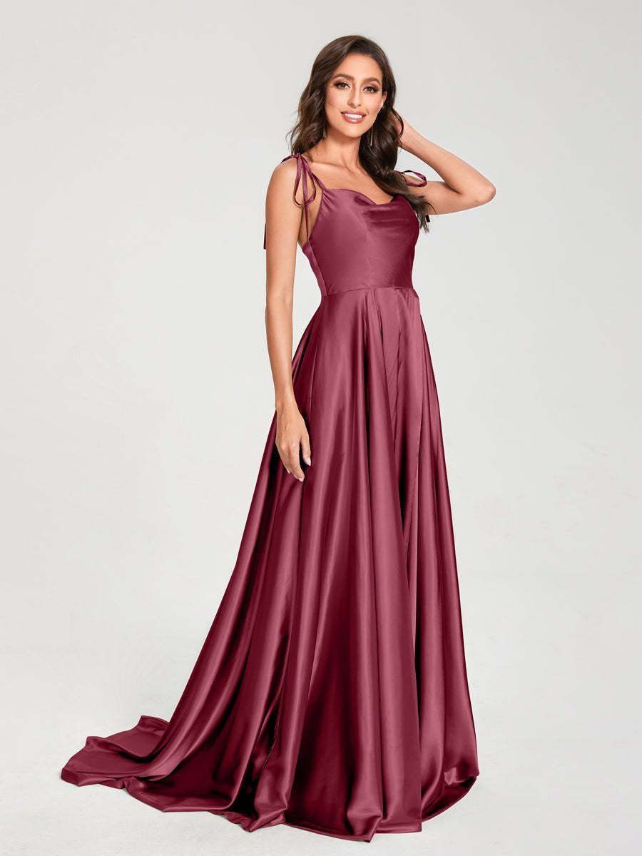 Spaghetti Strap Sleeveless A-Line Princess Floor-Length Bridesmaid Dress with Side Split