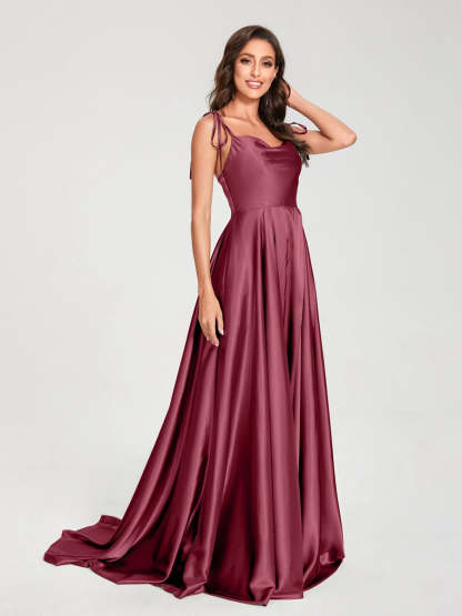 Spaghetti Strap Sleeveless A-Line Princess Floor-Length Bridesmaid Dress with Side Split