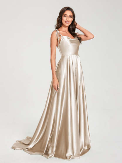 Spaghetti Strap Sleeveless A-Line Princess Floor-Length Bridesmaid Dress with Side Split