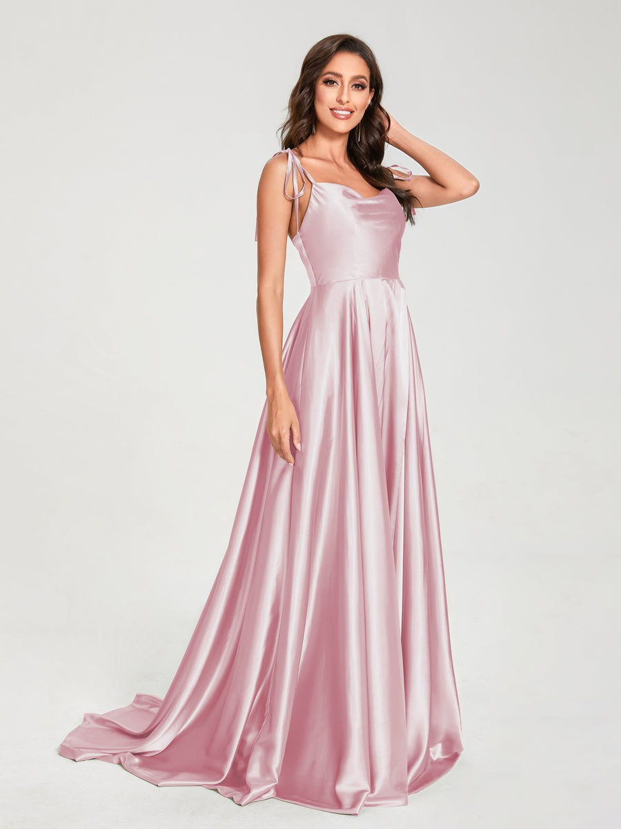 Spaghetti Strap Sleeveless A-Line Princess Floor-Length Bridesmaid Dress with Side Split