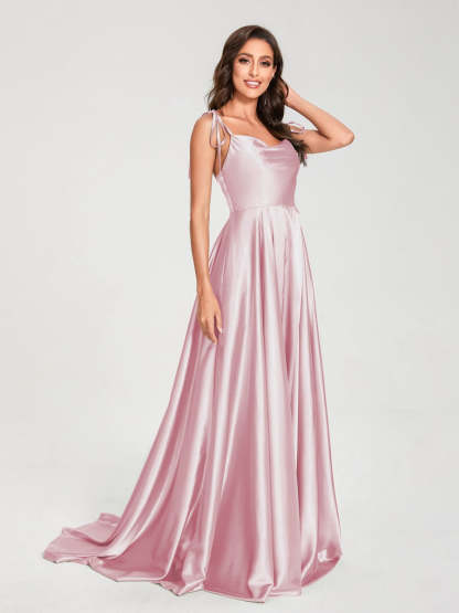 Spaghetti Strap Sleeveless A-Line Princess Floor-Length Bridesmaid Dress with Side Split