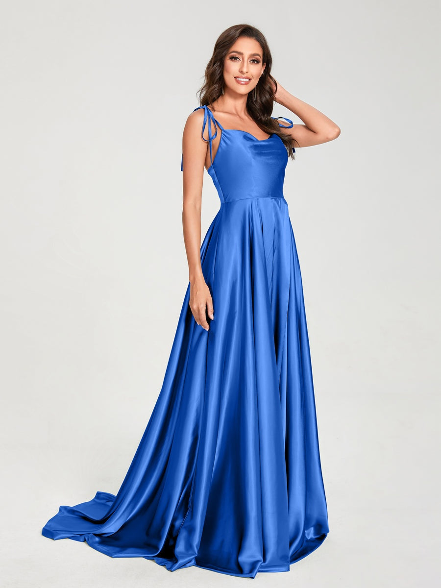 Spaghetti Strap Sleeveless A-Line Princess Floor-Length Bridesmaid Dress with Side Split