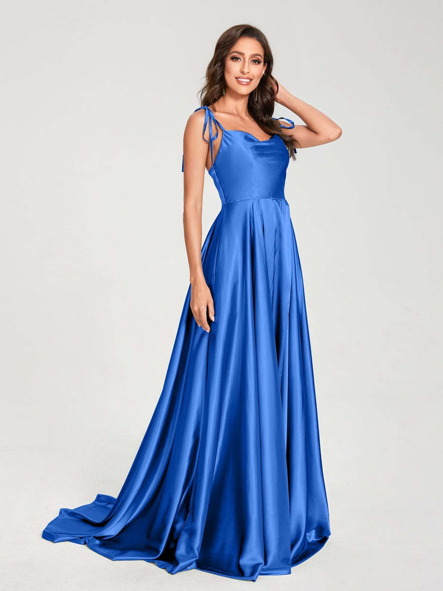 Spaghetti Strap Sleeveless A-Line Princess Floor-Length Bridesmaid Dress with Side Split