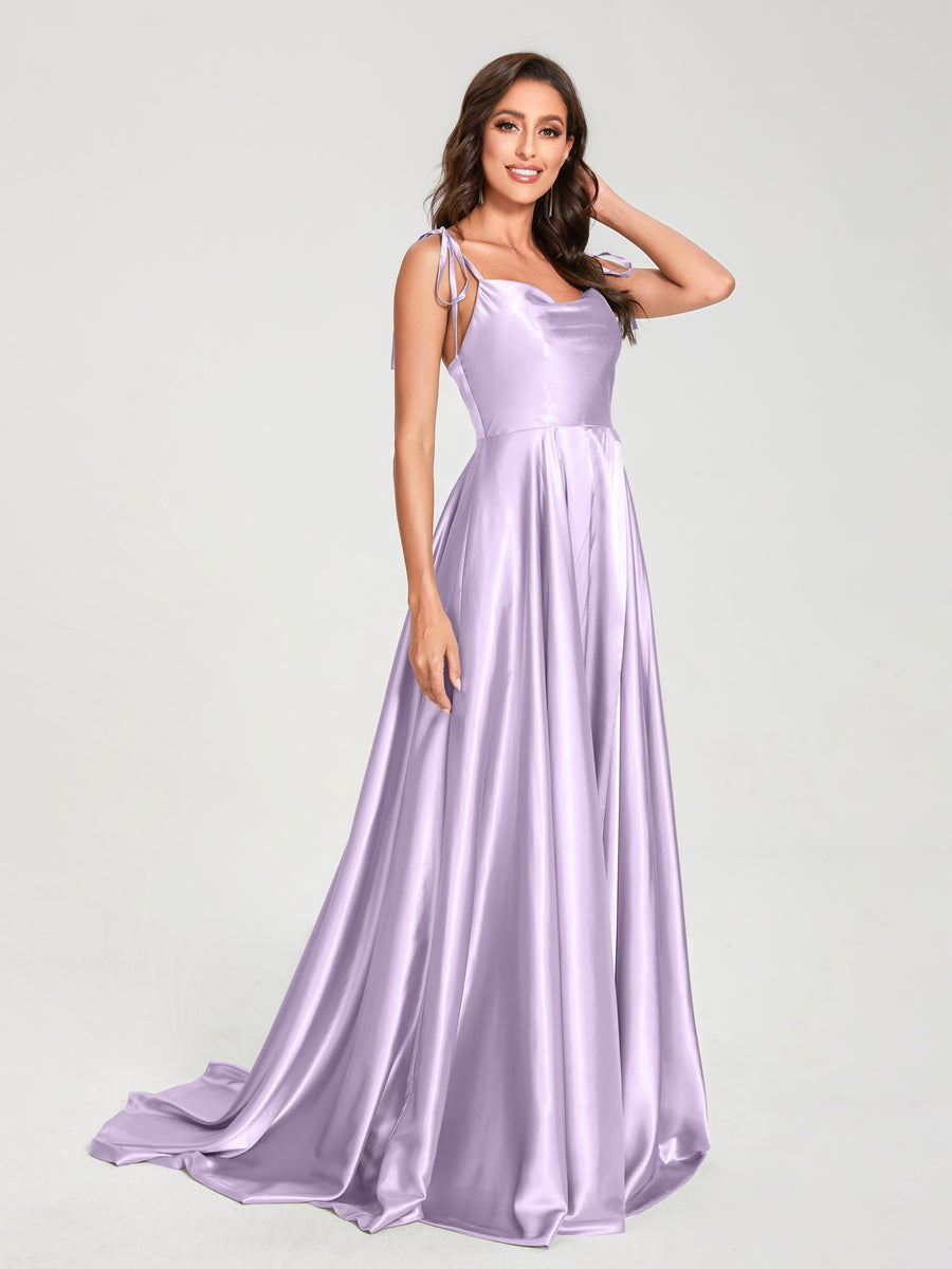 Spaghetti Strap Sleeveless A-Line Princess Floor-Length Bridesmaid Dress with Side Split
