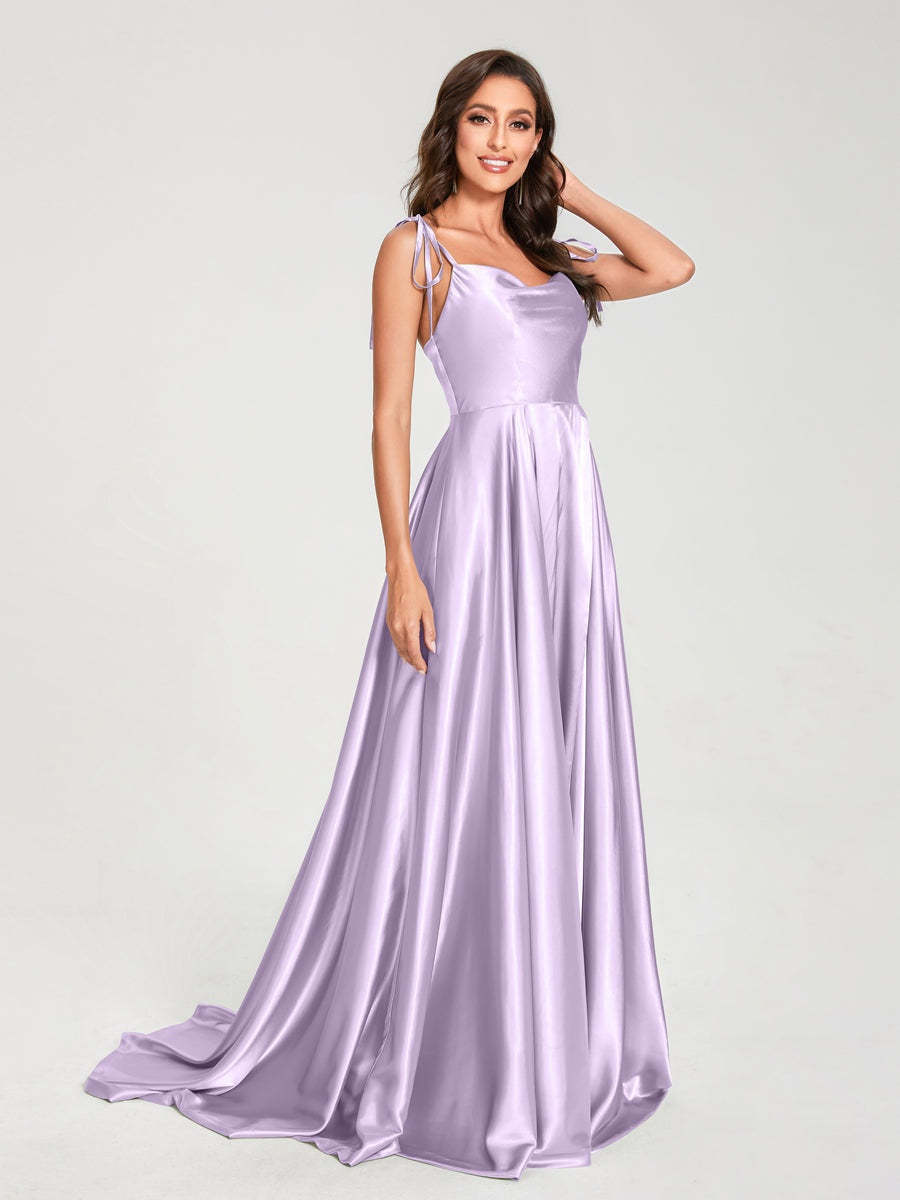 Spaghetti Strap Sleeveless A-Line Princess Floor-Length Bridesmaid Dress with Side Split