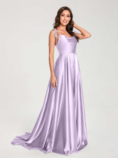 Spaghetti Strap Sleeveless A-Line Princess Floor-Length Bridesmaid Dress with Side Split
