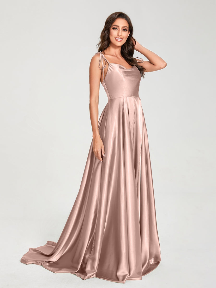 Spaghetti Strap Sleeveless A-Line Princess Floor-Length Bridesmaid Dress with Side Split