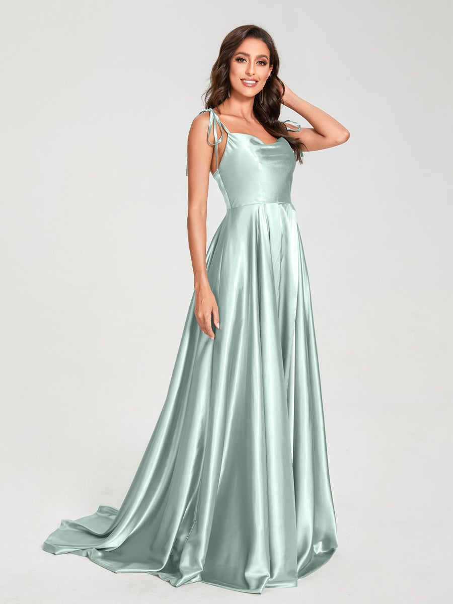 Spaghetti Strap Sleeveless A-Line Princess Floor-Length Bridesmaid Dress with Side Split