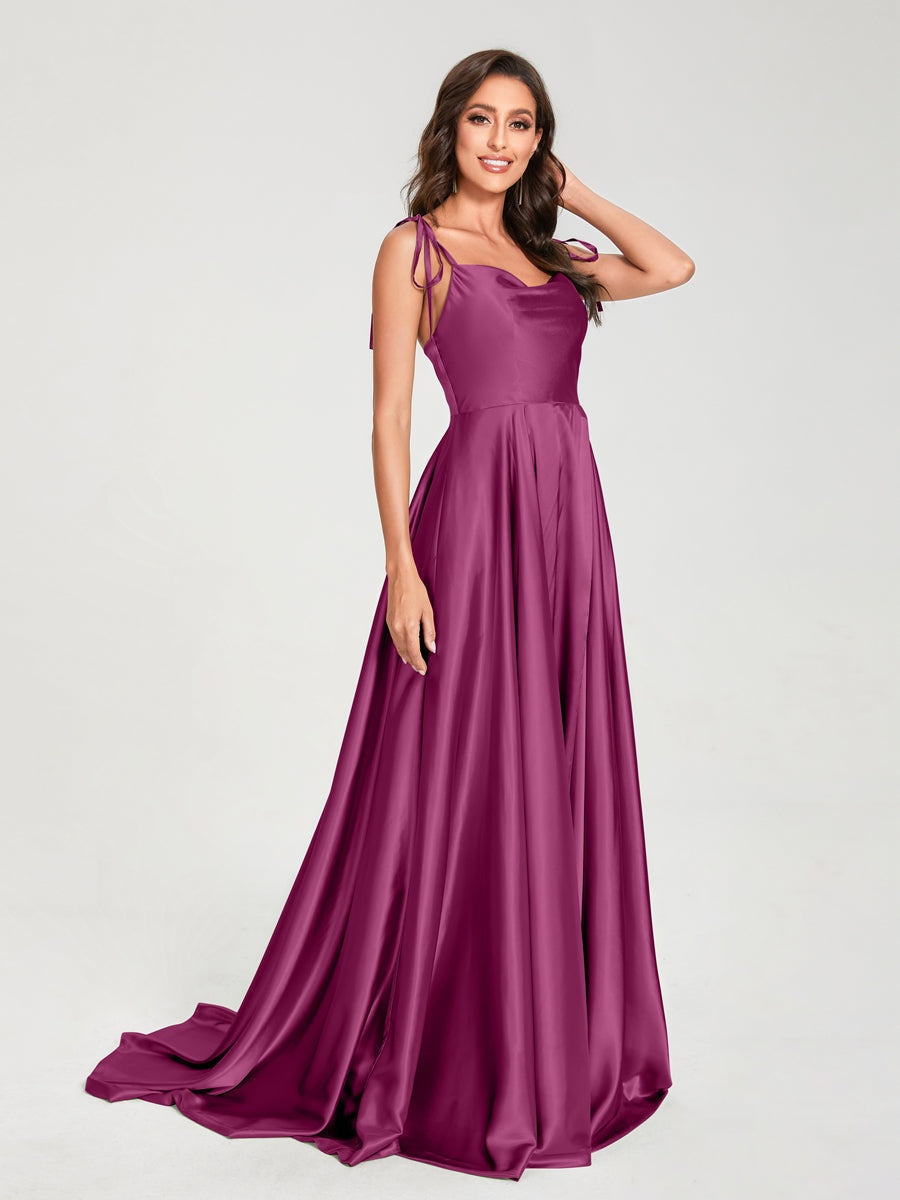 Spaghetti Strap Sleeveless A-Line Princess Floor-Length Bridesmaid Dress with Side Split