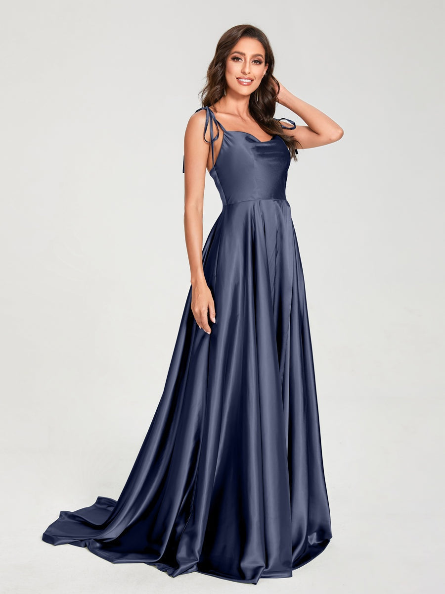 Spaghetti Strap Sleeveless A-Line Princess Floor-Length Bridesmaid Dress with Side Split