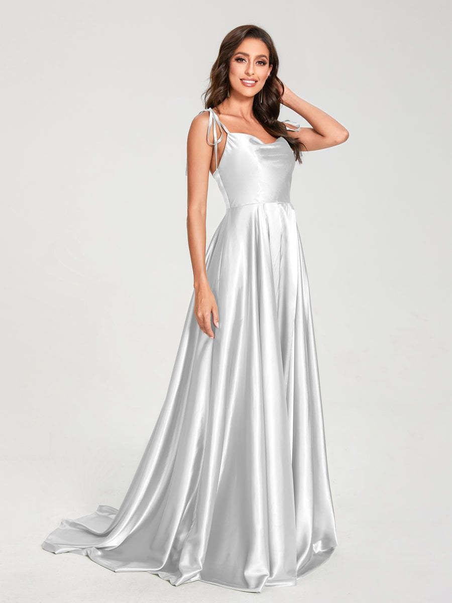 Spaghetti Strap Sleeveless A-Line Princess Floor-Length Bridesmaid Dress with Side Split