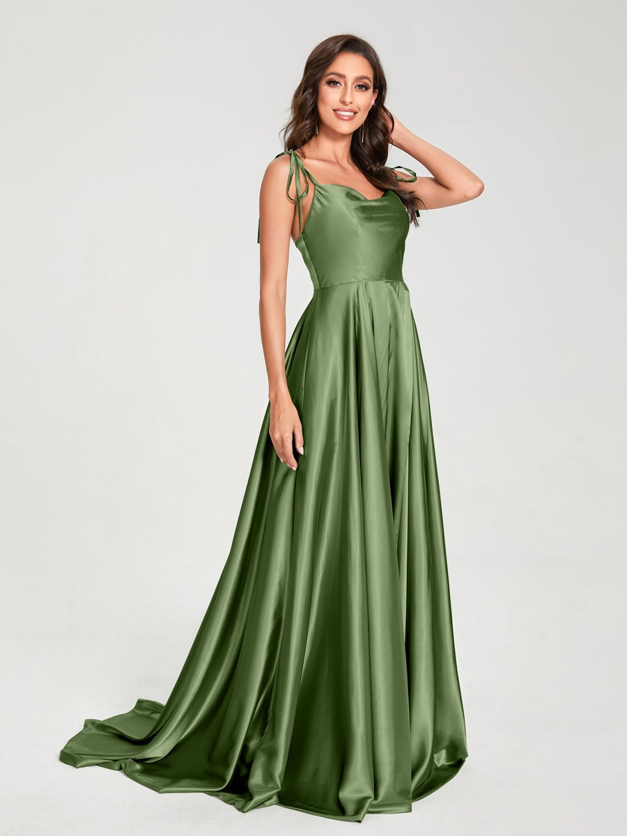 Spaghetti Strap Sleeveless A-Line Princess Floor-Length Bridesmaid Dress with Side Split