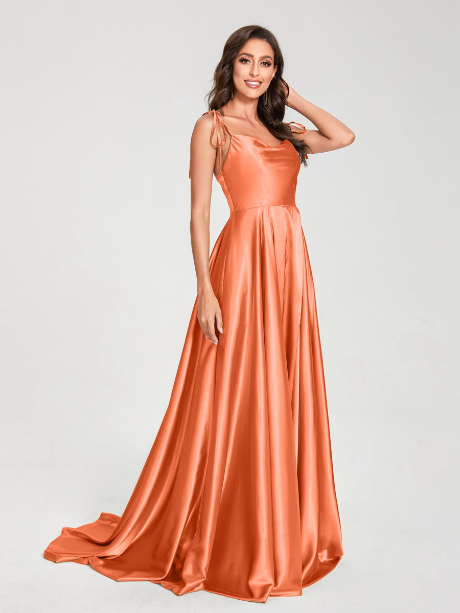 Spaghetti Strap Sleeveless A-Line Princess Floor-Length Bridesmaid Dress with Side Split