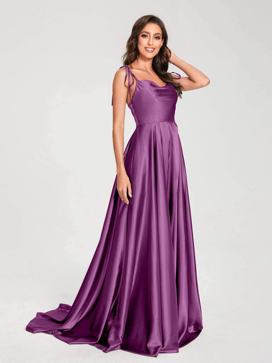 Spaghetti Strap Sleeveless A-Line Princess Floor-Length Bridesmaid Dress with Side Split