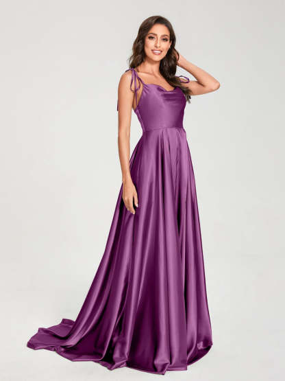 Spaghetti Strap Sleeveless A-Line Princess Floor-Length Bridesmaid Dress with Side Split