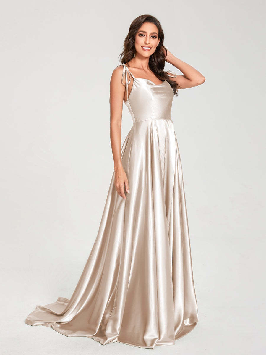 Spaghetti Strap Sleeveless A-Line Princess Floor-Length Bridesmaid Dress with Side Split