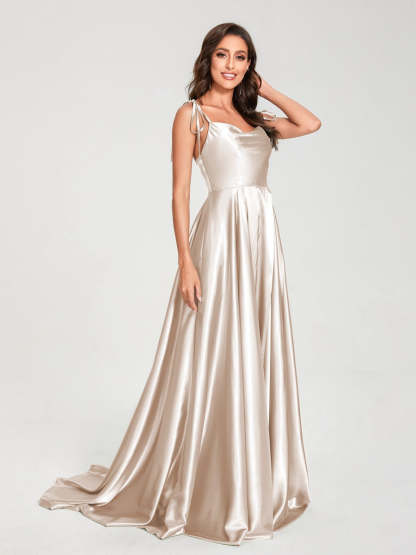 Spaghetti Strap Sleeveless A-Line Princess Floor-Length Bridesmaid Dress with Side Split