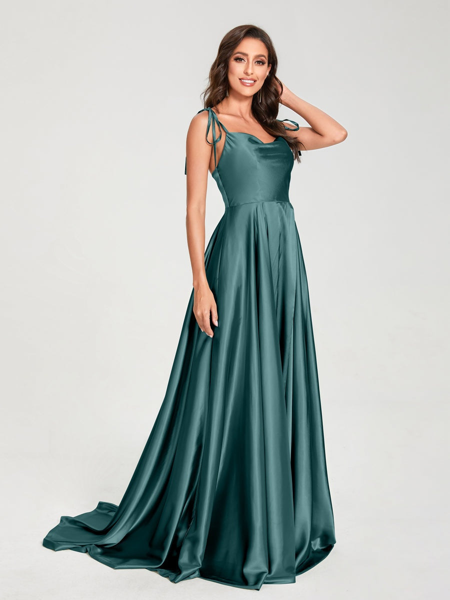 Spaghetti Strap Sleeveless A-Line Princess Floor-Length Bridesmaid Dress with Side Split