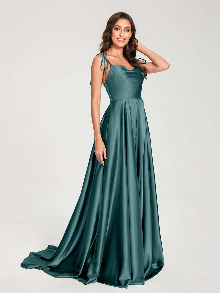 Spaghetti Strap Sleeveless A-Line Princess Floor-Length Bridesmaid Dress with Side Split