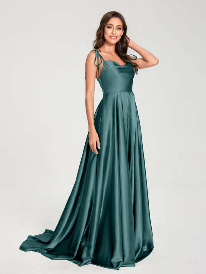 Spaghetti Strap Sleeveless A-Line Princess Floor-Length Bridesmaid Dress with Side Split