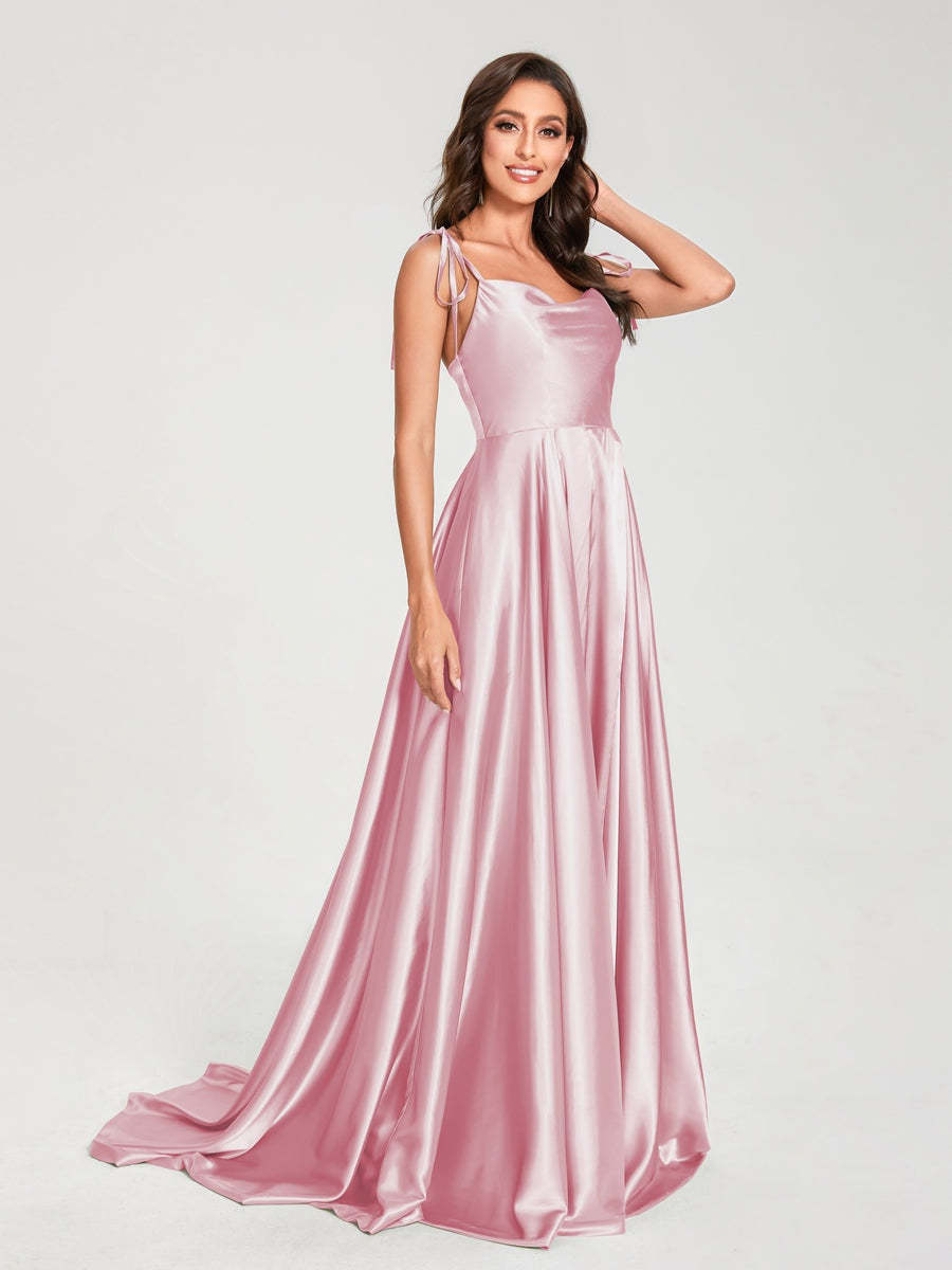 Spaghetti Strap Sleeveless A-Line Princess Floor-Length Bridesmaid Dress with Side Split