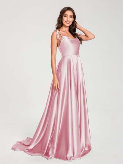 Spaghetti Strap Sleeveless A-Line Princess Floor-Length Bridesmaid Dress with Side Split