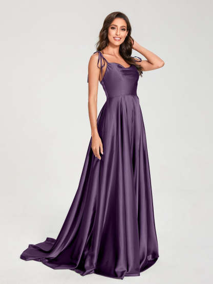 Spaghetti Strap Sleeveless A-Line Princess Floor-Length Bridesmaid Dress with Side Split