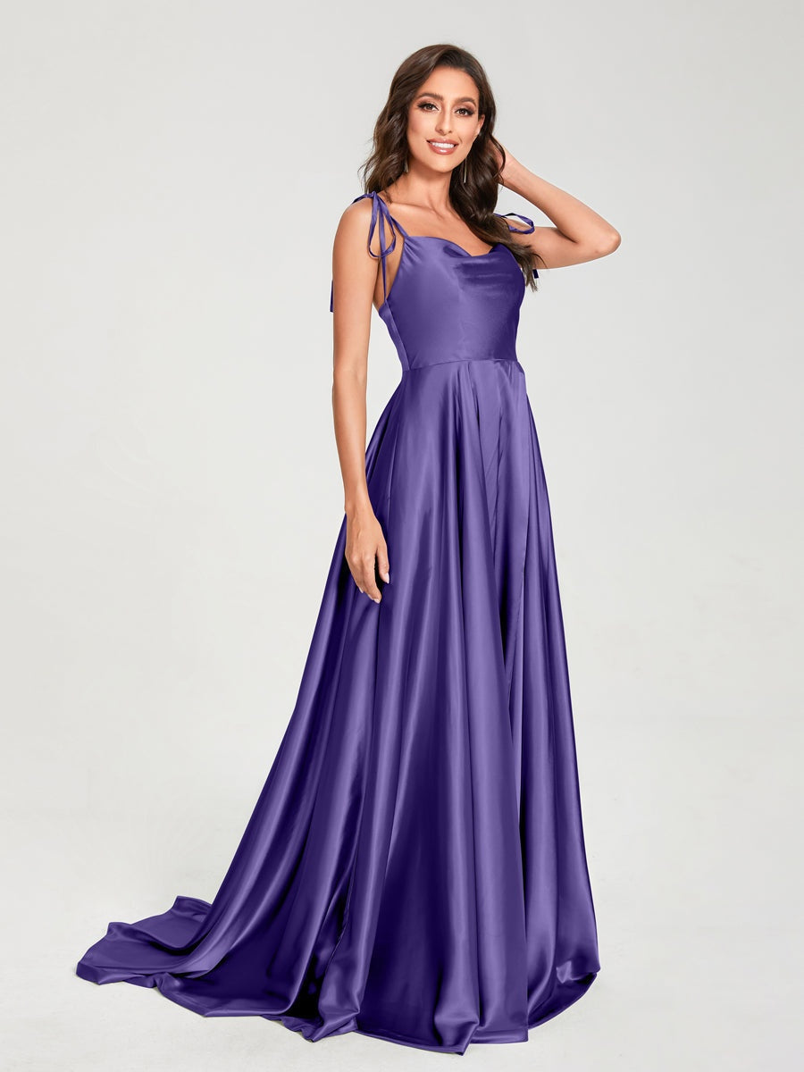 Spaghetti Strap Sleeveless A-Line Princess Floor-Length Bridesmaid Dress with Side Split