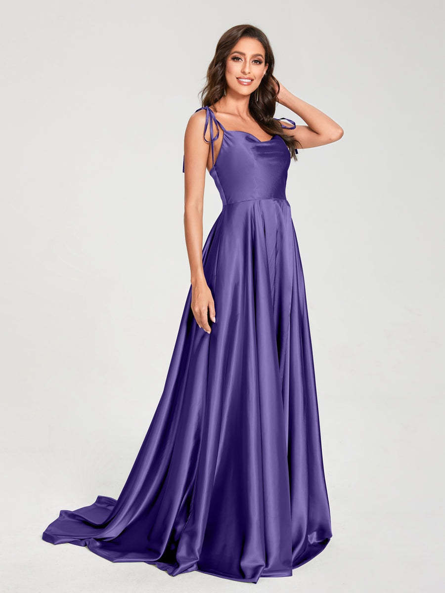 Spaghetti Strap Sleeveless A-Line Princess Floor-Length Bridesmaid Dress with Side Split