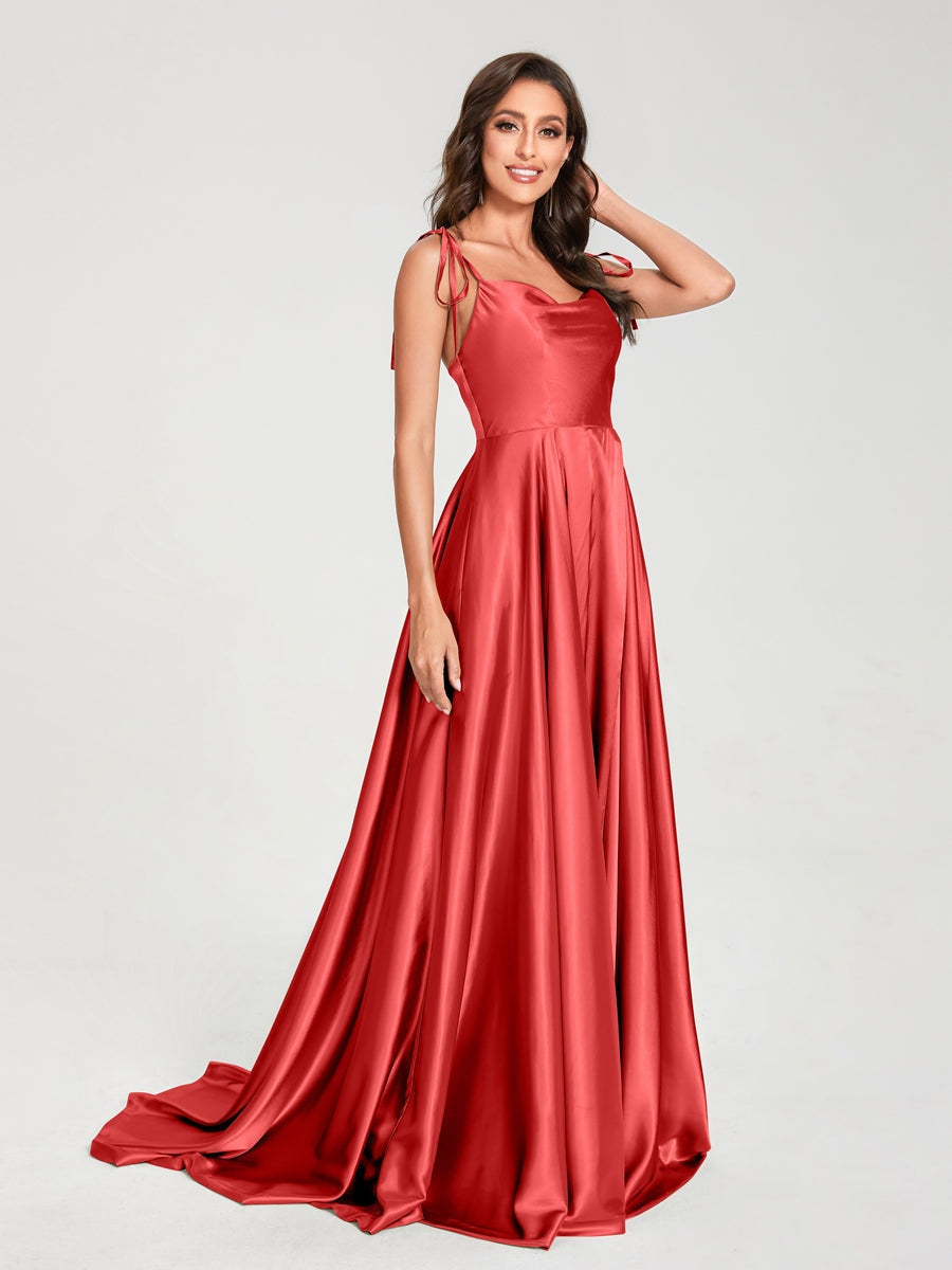 Spaghetti Strap Sleeveless A-Line Princess Floor-Length Bridesmaid Dress with Side Split