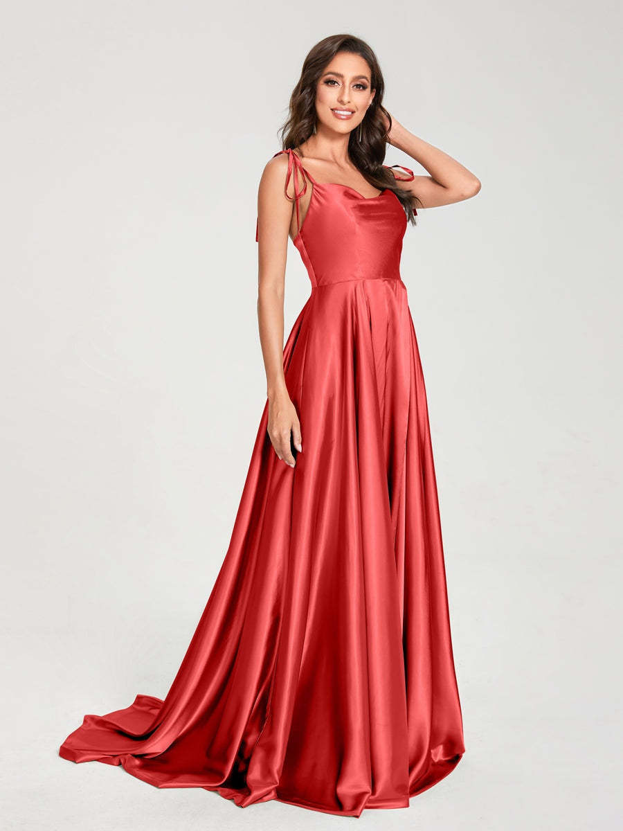 Spaghetti Strap Sleeveless A-Line Princess Floor-Length Bridesmaid Dress with Side Split