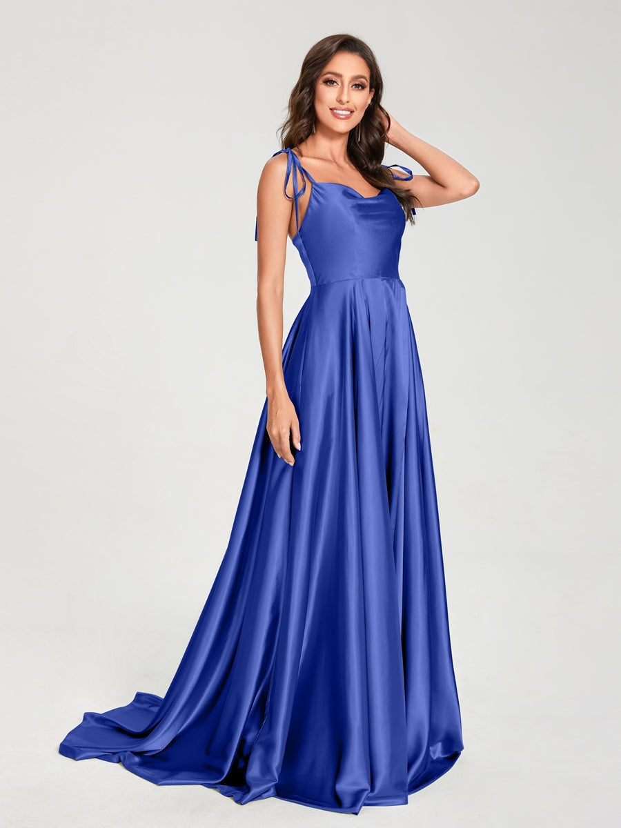 Spaghetti Strap Sleeveless A-Line Princess Floor-Length Bridesmaid Dress with Side Split