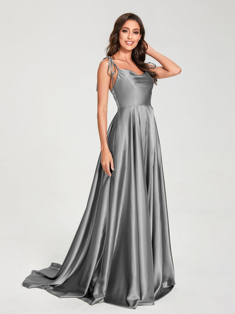 Spaghetti Strap Sleeveless A-Line Princess Floor-Length Bridesmaid Dress with Side Split