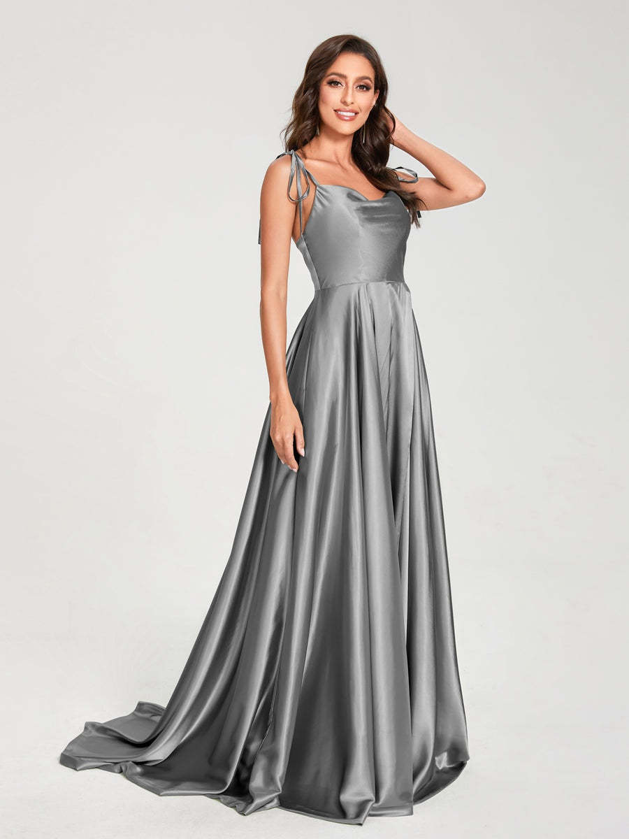 Spaghetti Strap Sleeveless A-Line Princess Floor-Length Bridesmaid Dress with Side Split