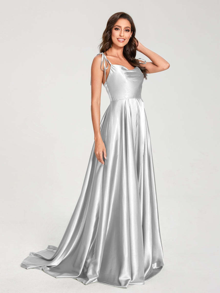 Spaghetti Strap Sleeveless A-Line Princess Floor-Length Bridesmaid Dress with Side Split