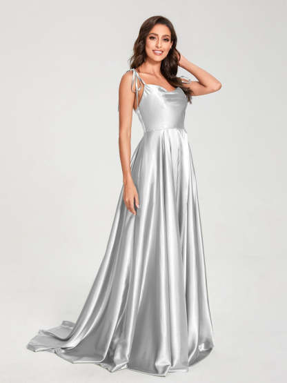 Spaghetti Strap Sleeveless A-Line Princess Floor-Length Bridesmaid Dress with Side Split