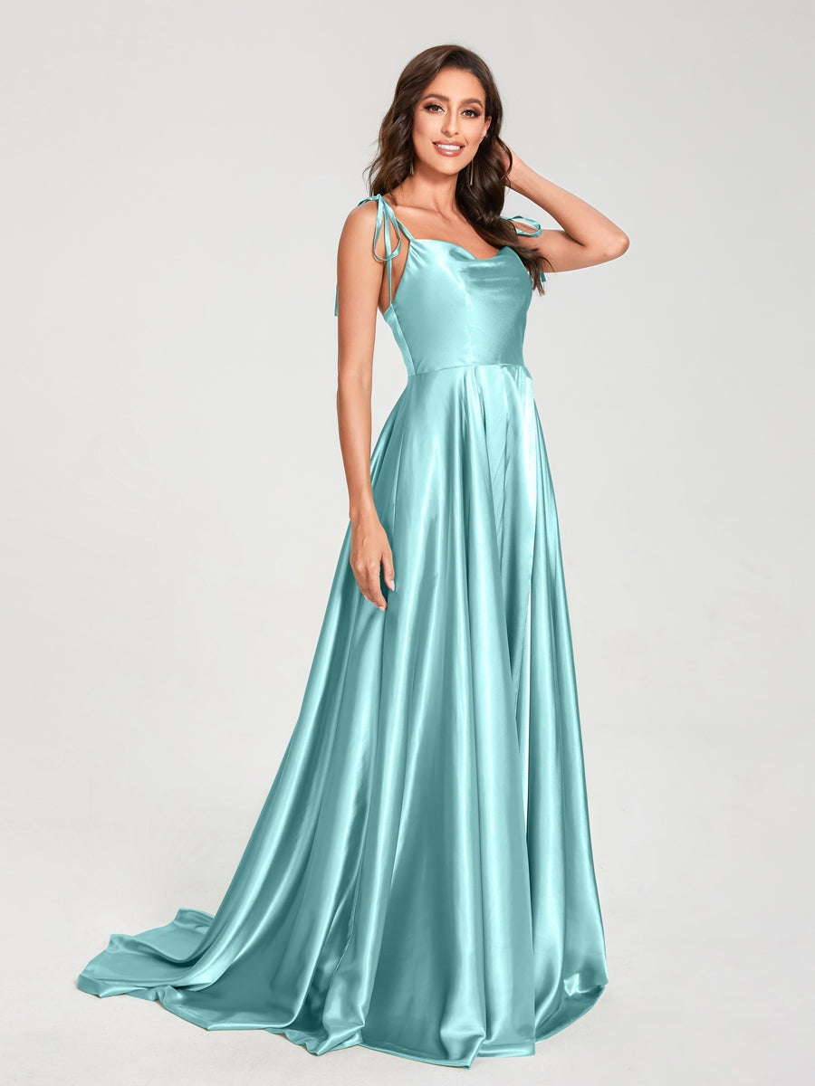 Spaghetti Strap Sleeveless A-Line Princess Floor-Length Bridesmaid Dress with Side Split