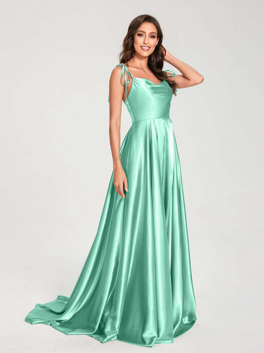 Spaghetti Strap Sleeveless A-Line Princess Floor-Length Bridesmaid Dress with Side Split