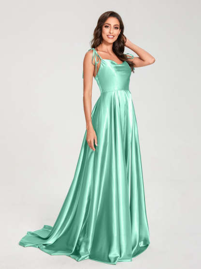 Spaghetti Strap Sleeveless A-Line Princess Floor-Length Bridesmaid Dress with Side Split