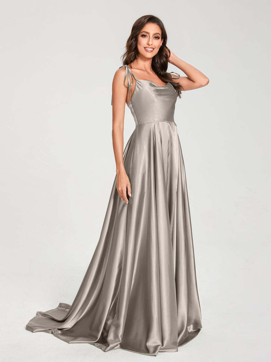 Spaghetti Strap Sleeveless A-Line Princess Floor-Length Bridesmaid Dress with Side Split