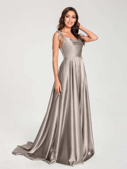 Spaghetti Strap Sleeveless A-Line Princess Floor-Length Bridesmaid Dress with Side Split